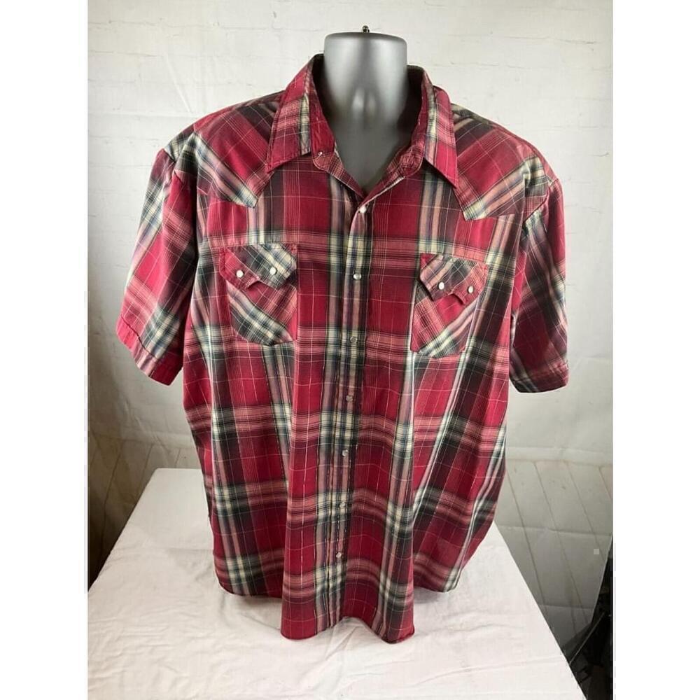 Men’s Plains Western Wear Big Man Button Up Shirt Size 3X Red Plaid Short Sleeve